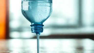 Upside down plastic bottle with blue liquid running out