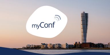myConf logo and Malmö skyline
